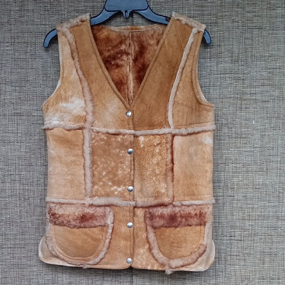 Vintage The Sheep Shack Tan Real Shearling Vest with Button Closure